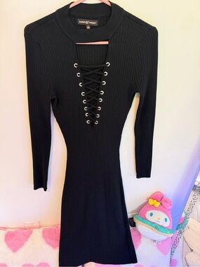 Almost Famous Black Ribbed Lace-Up Long Sleeve Knit Dress